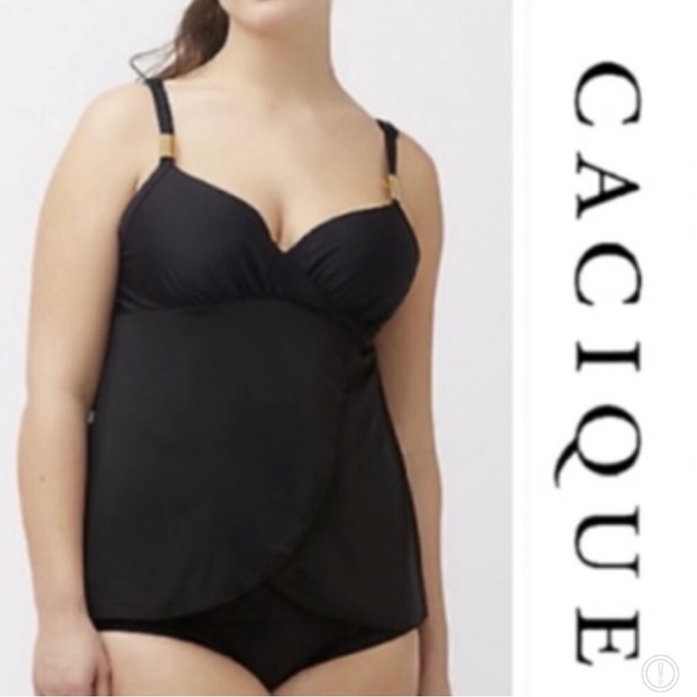 NWOT CACIQUE Balconette Swim Black Tankini top
Gold Hardware Built in Bra 44DDD